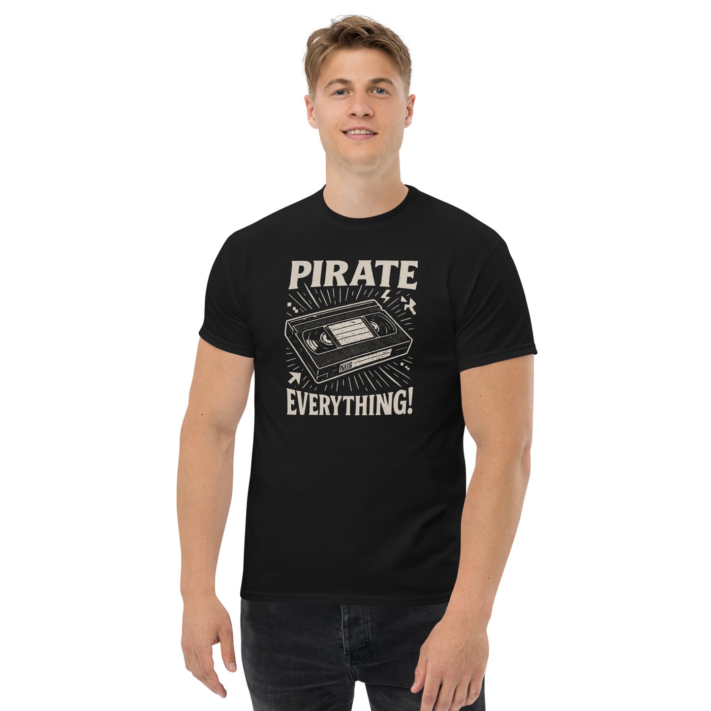 Person wearing a black t-shirt with 'Pirate Everything!' graphic design on a white background