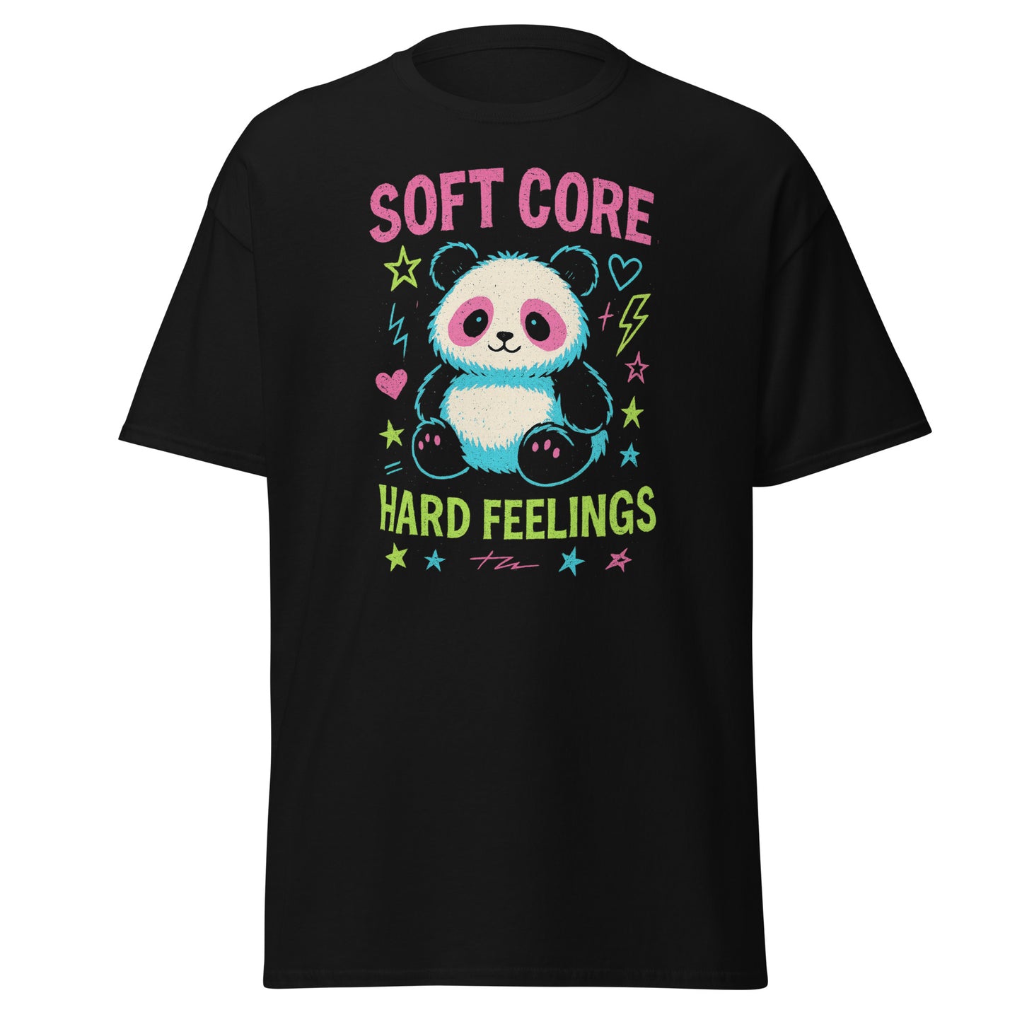 Black t-shirt with a colorful panda graphic and text on a white background