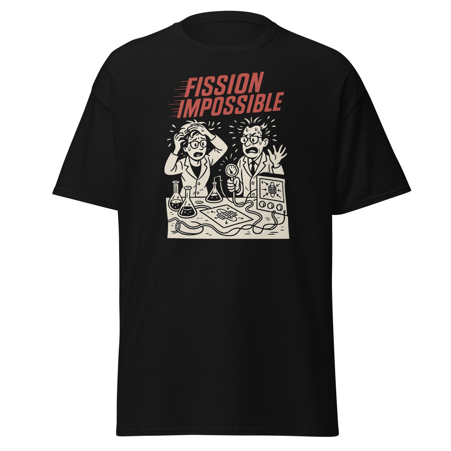 Black t-shirt with a graphic design and text 'FISSION IMPOSSIBLE' on a white background