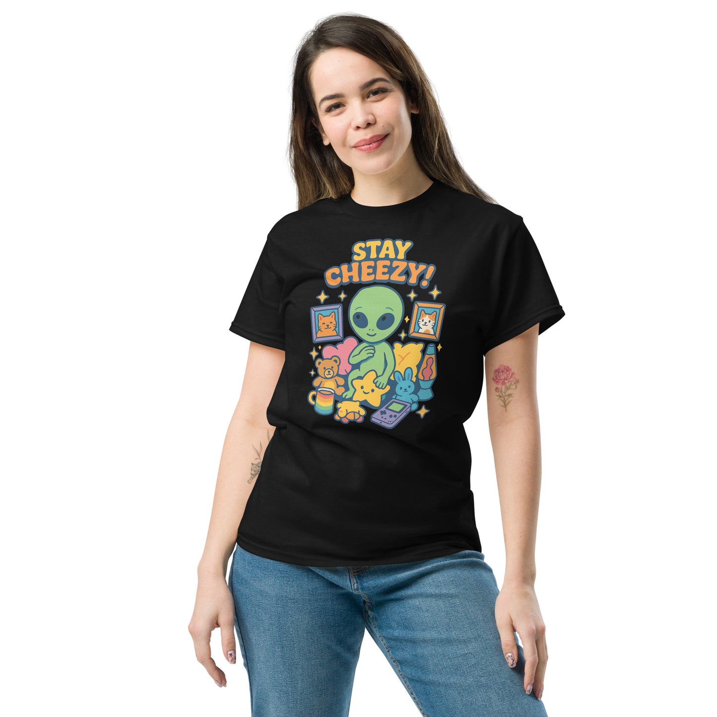 Person wearing a black t-shirt with colorful graphics and text on a white background