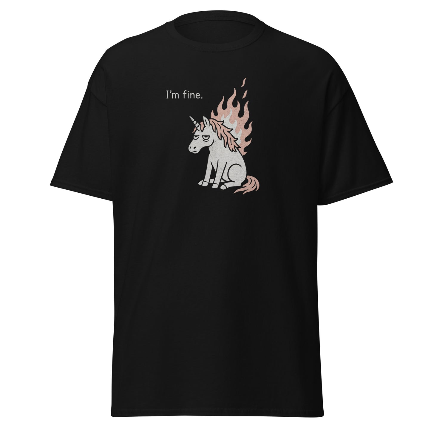 Black t-shirt with a unicorn graphic and 'I'm fine.' text on a white background