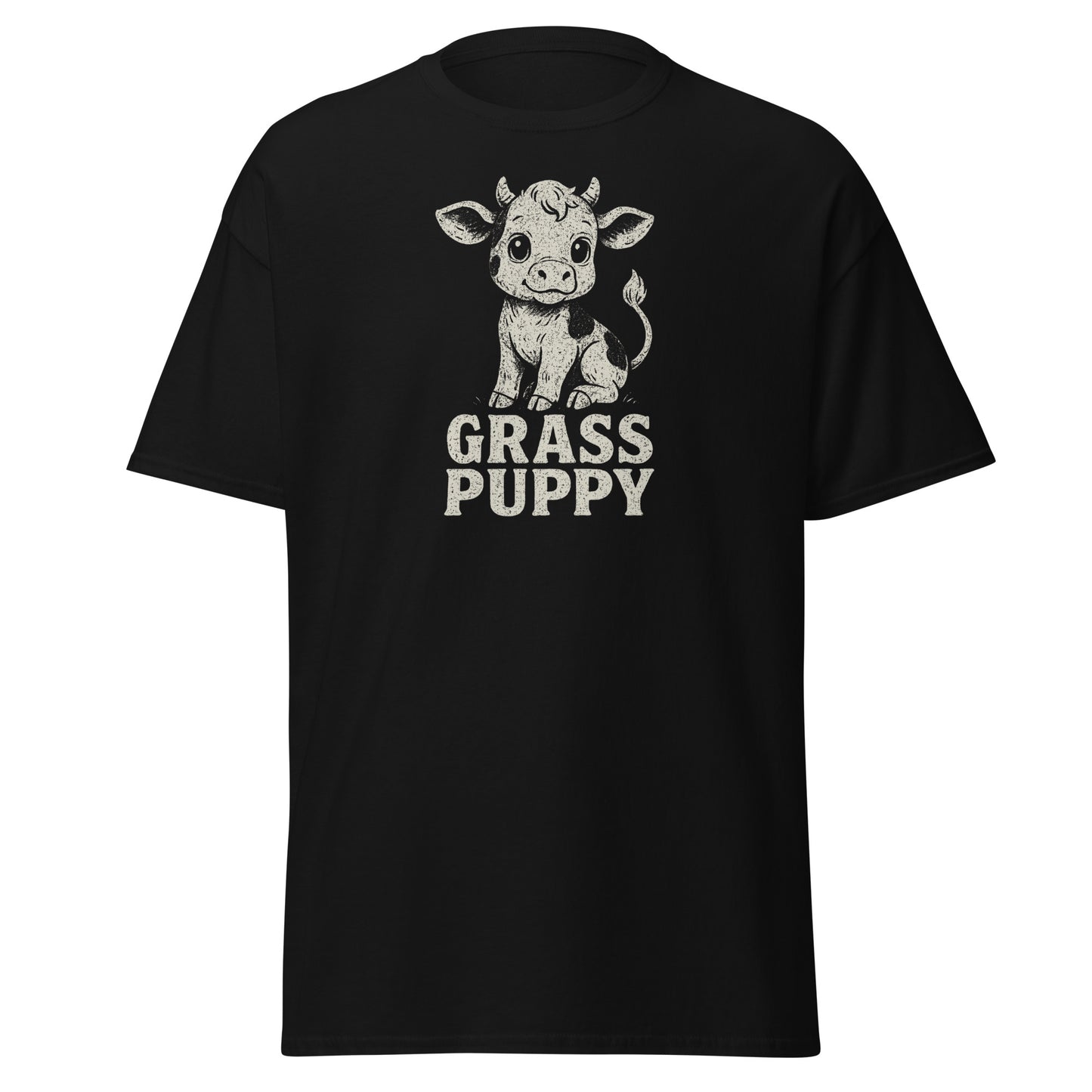 Black t-shirt with a cow graphic and 'Grass Puppy' text on a white background