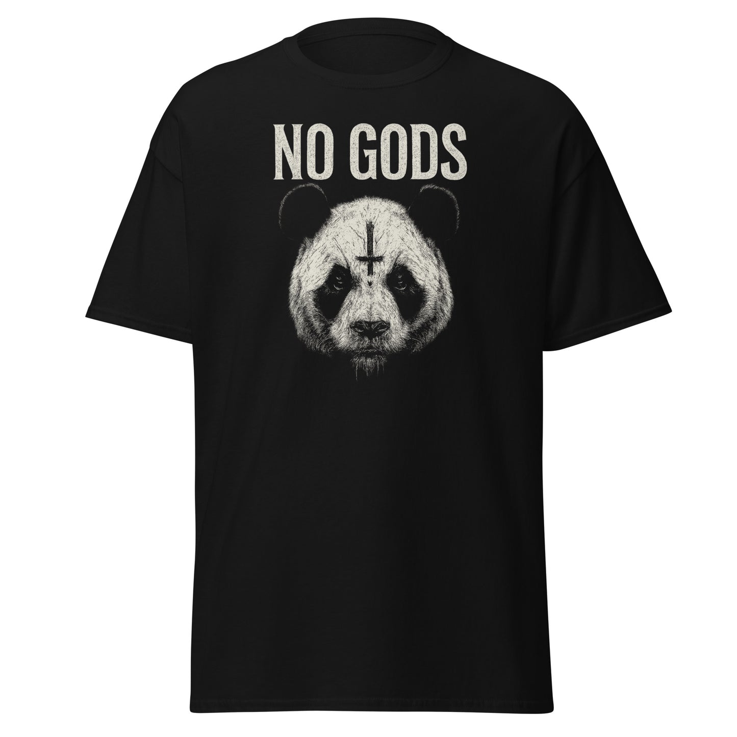 Black t-shirt with a panda graphic and 'NO GODS' text on a white background