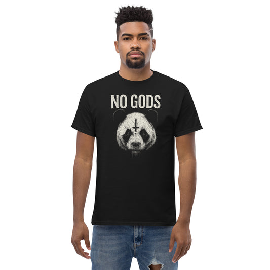 Man wearing a black t-shirt with a panda graphic and 'NO GODS' text on a white background