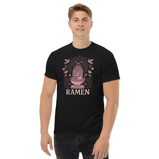 Person wearing a black t-shirt with 'Ramen' graphic design on a white background