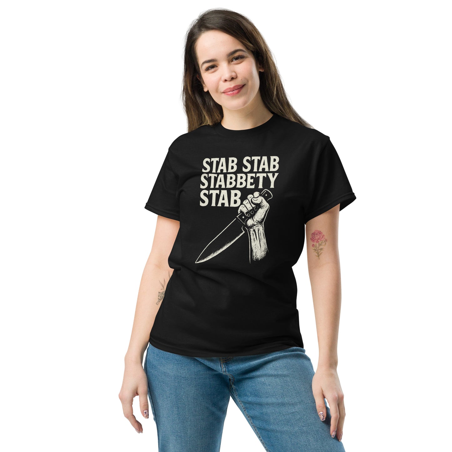 Person wearing a black t-shirt with 'STAB STAB STABBETY STAB' text and graphic on a white background
