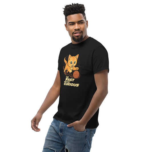 Man wearing a black t-shirt with a fox graphic and text on a white background
