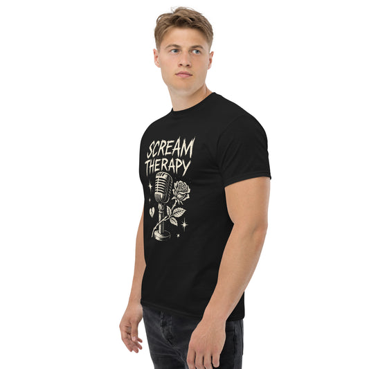 Man wearing a black t-shirt with 'Scream Therapy' design on a white background
