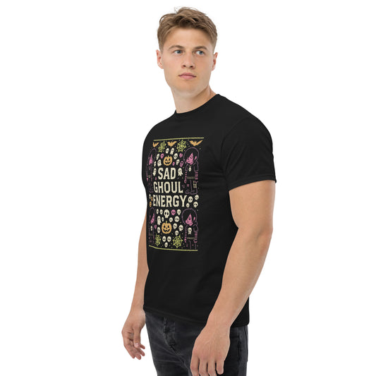 Man wearing a black t-shirt with colorful graphics and text on a white background