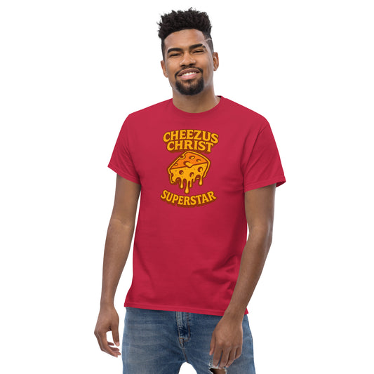 Man wearing a red t-shirt with 'Cheezus Christ Superstar' print on a white background