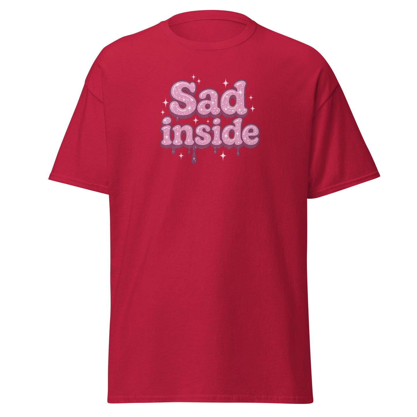 Red t-shirt with 'Sad inside' text on a white background