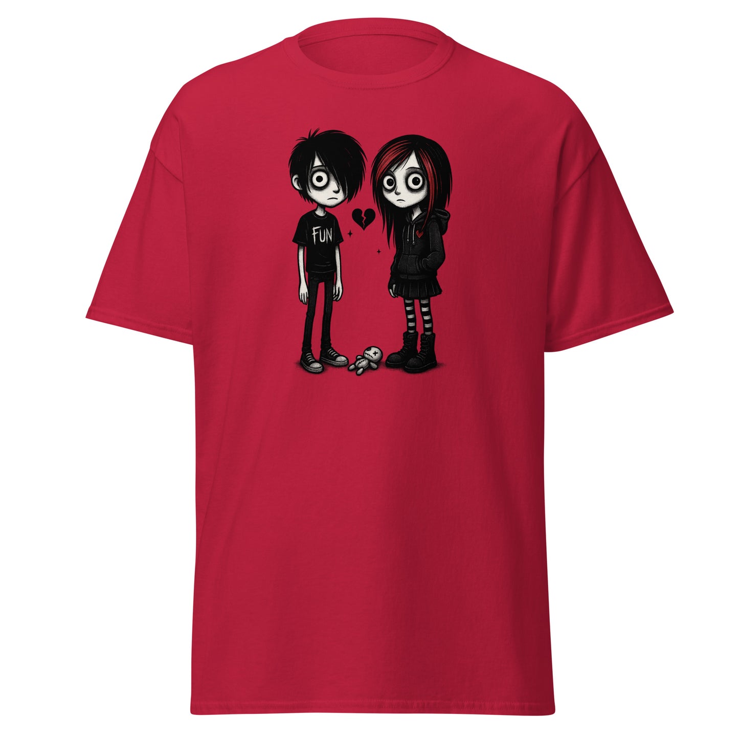 Red t-shirt with cartoon characters and a heart on a white background