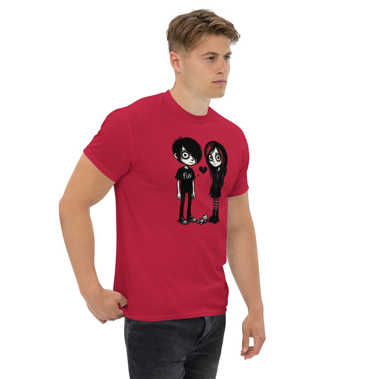 Man wearing a red t-shirt with cartoon characters and text on a white background