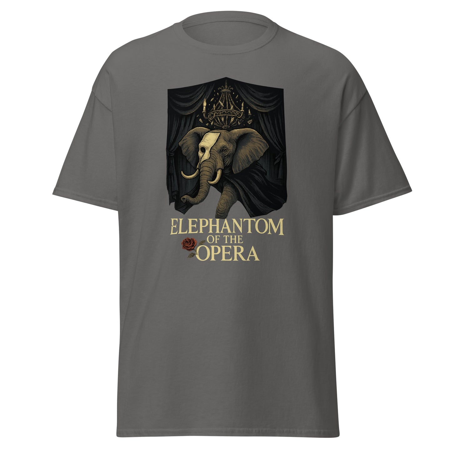Gray t-shirt with 'elephantom of the opera' design featuring an elephant and a crown.
