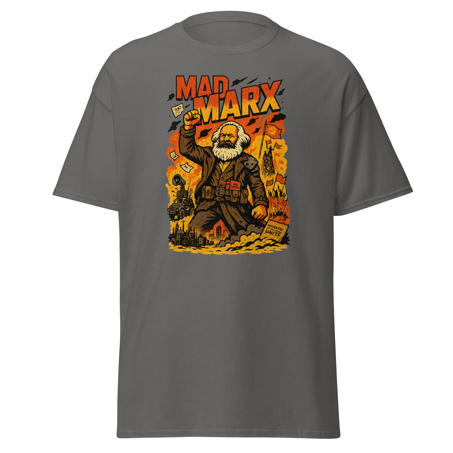 Gray t-shirt with a graphic of Karl Marx and text 'Mad Marx' on a white background