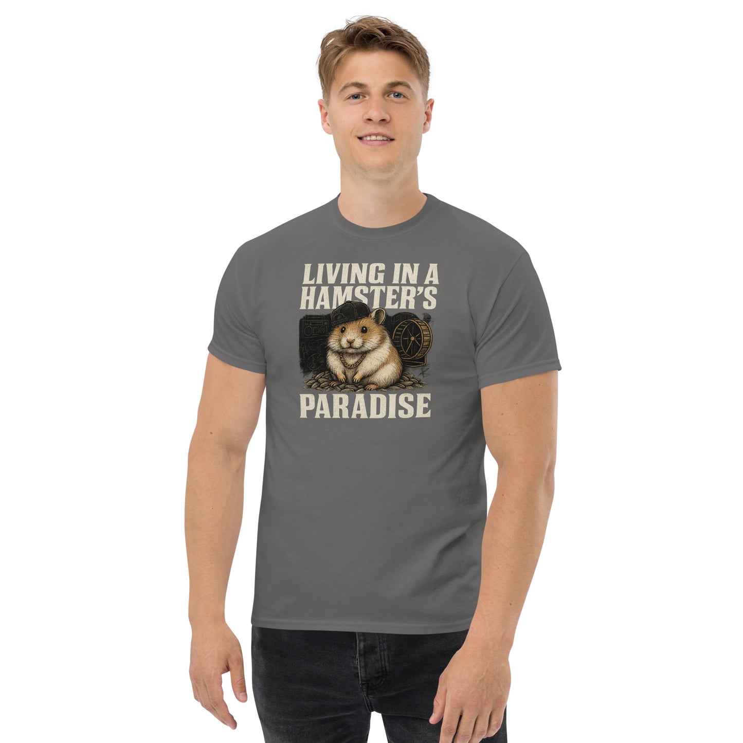 Person wearing a gray t-shirt with a graphic of a hamster and text on a white background