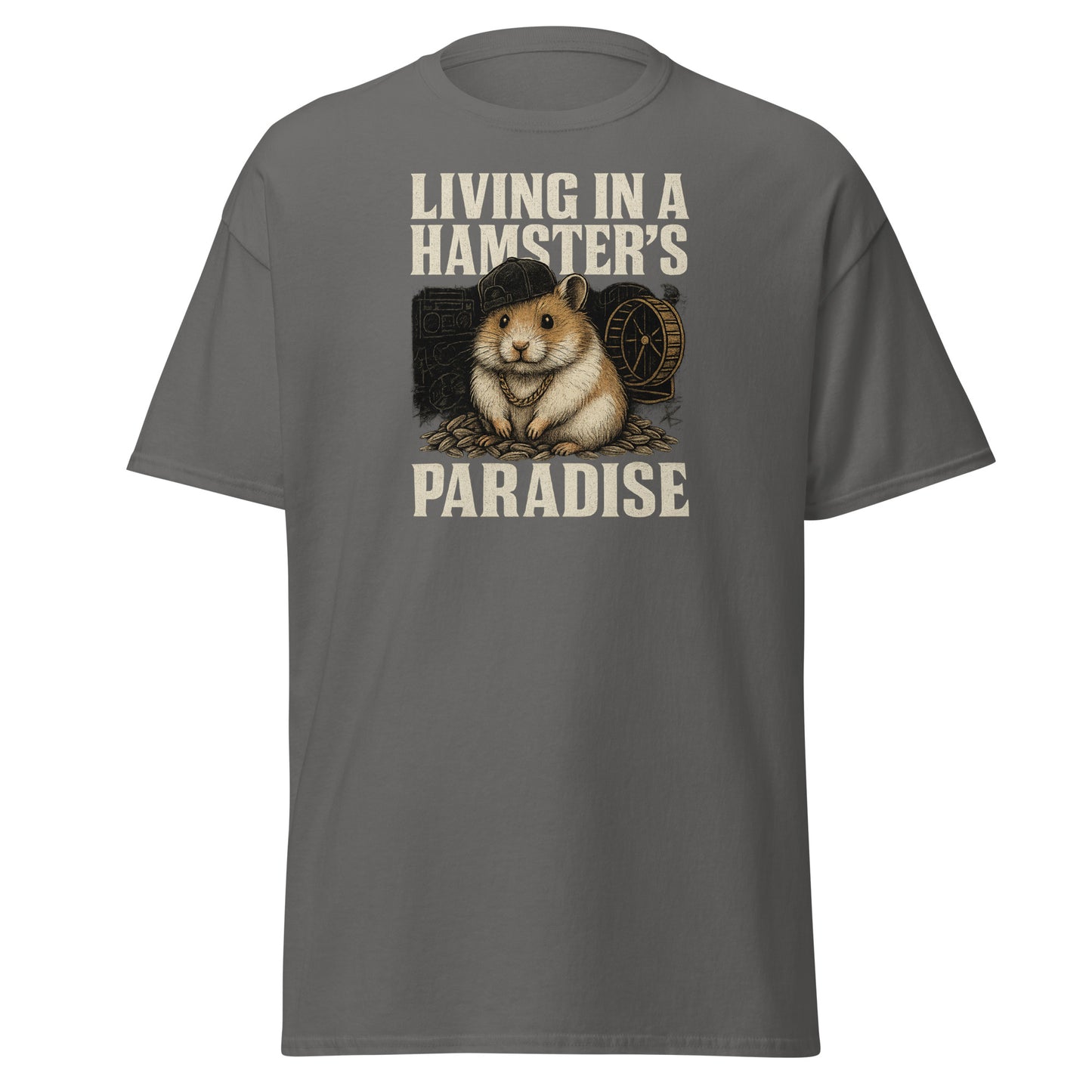 Gray t-shirt with a graphic of a hamster and text 'Living in a Hamster's Paradise' on a white background
