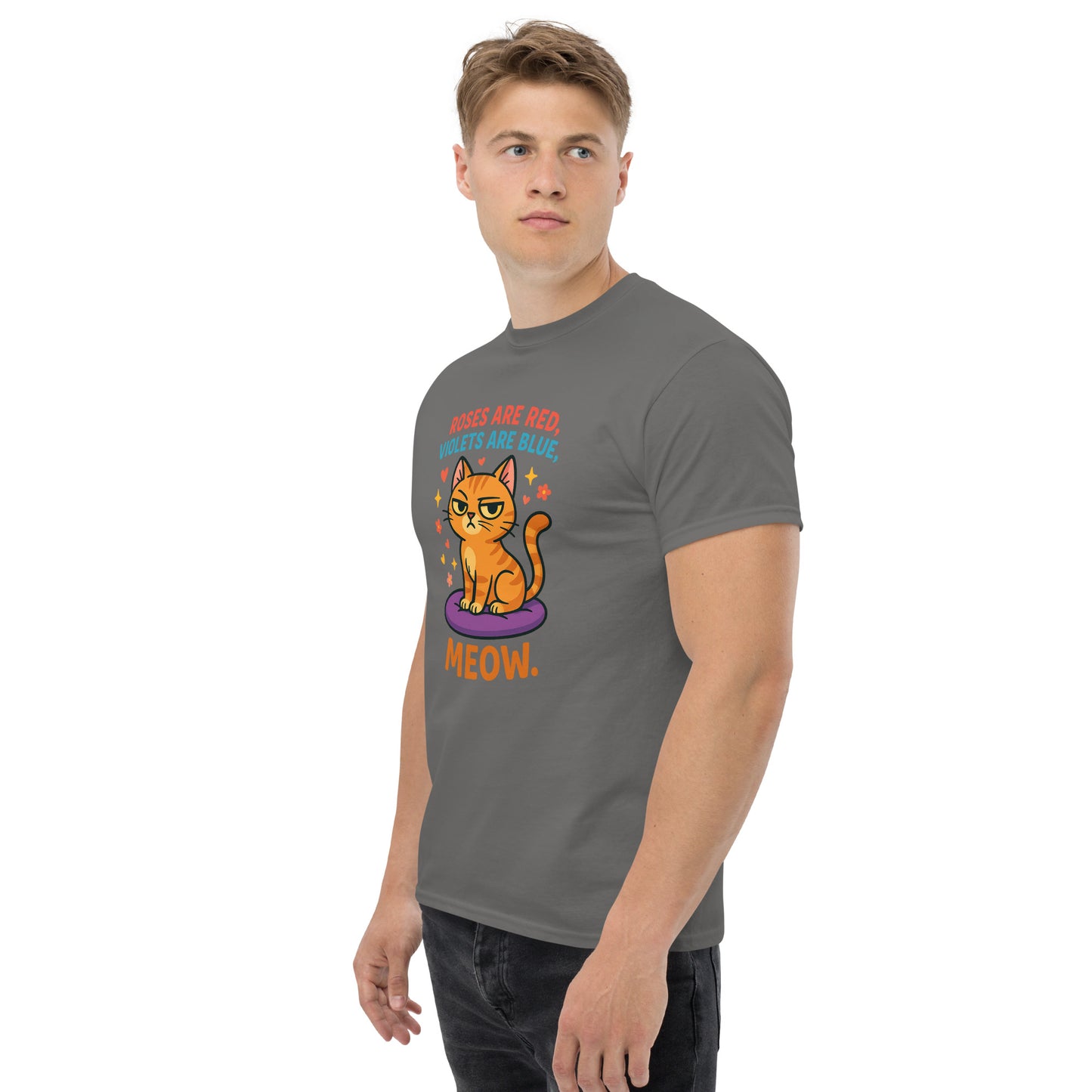 Man wearing a gray t-shirt with a colorful cat graphic and text on a white background