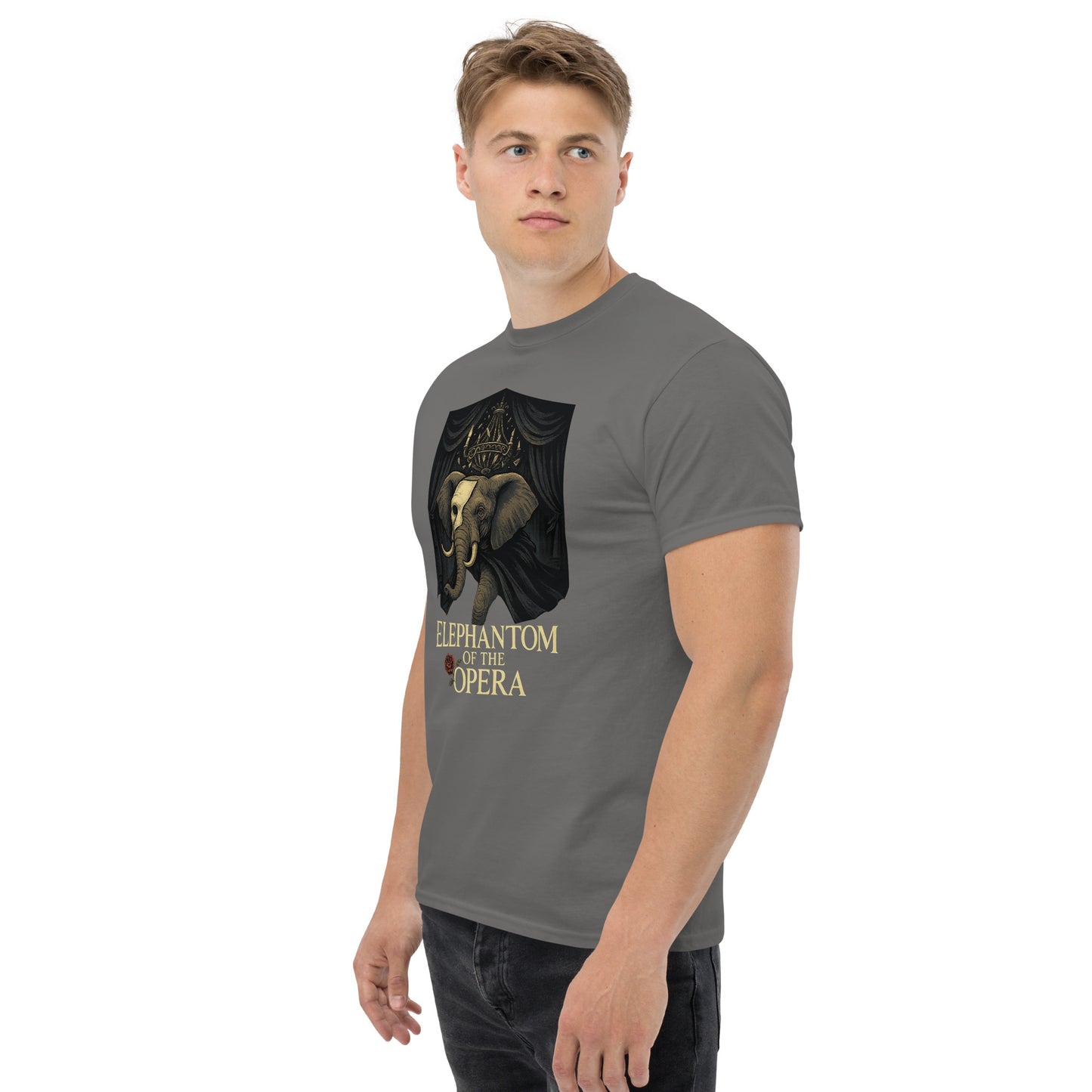Man wearing a gray t-shirt with ' elephantom of the opera' design on a white background