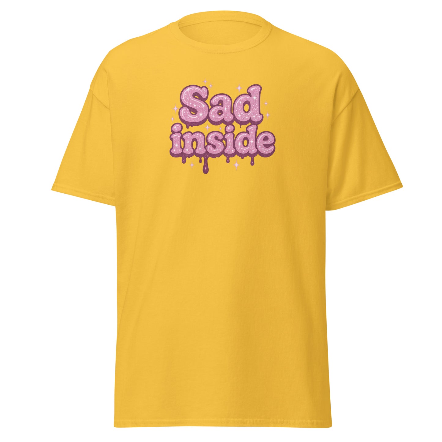 Yellow t-shirt with 'Sad inside' text in pink on a white background
