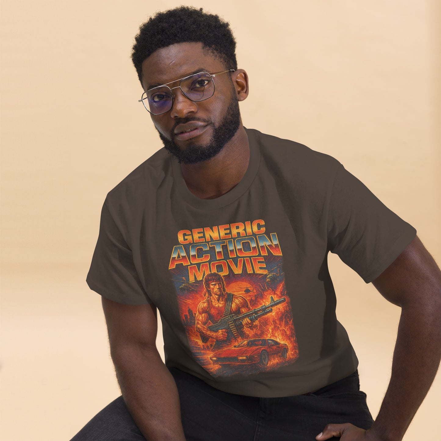 Man wearing a t-shirt with 'Generic Action Movie' graphic design on a beige background