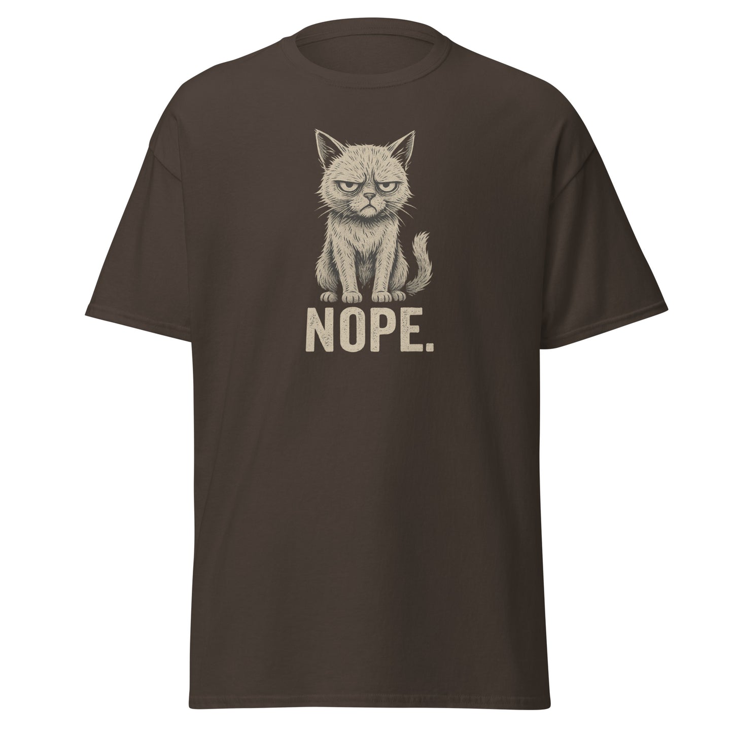 Brown t-shirt with a cat graphic and 'NOPE.' text on a white background