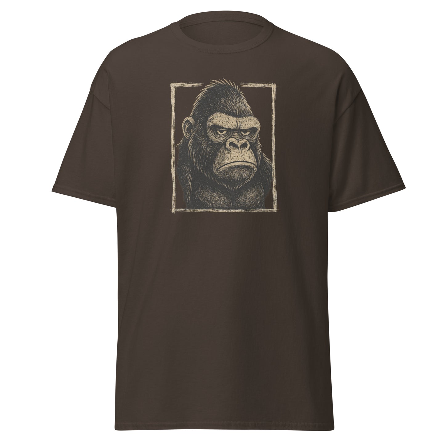 Brown t-shirt with a graphic of a gorilla's face on a white background