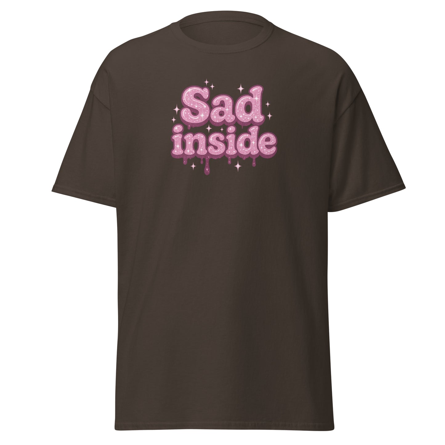 Brown t-shirt with pink 'Sad inside' text on a white background
