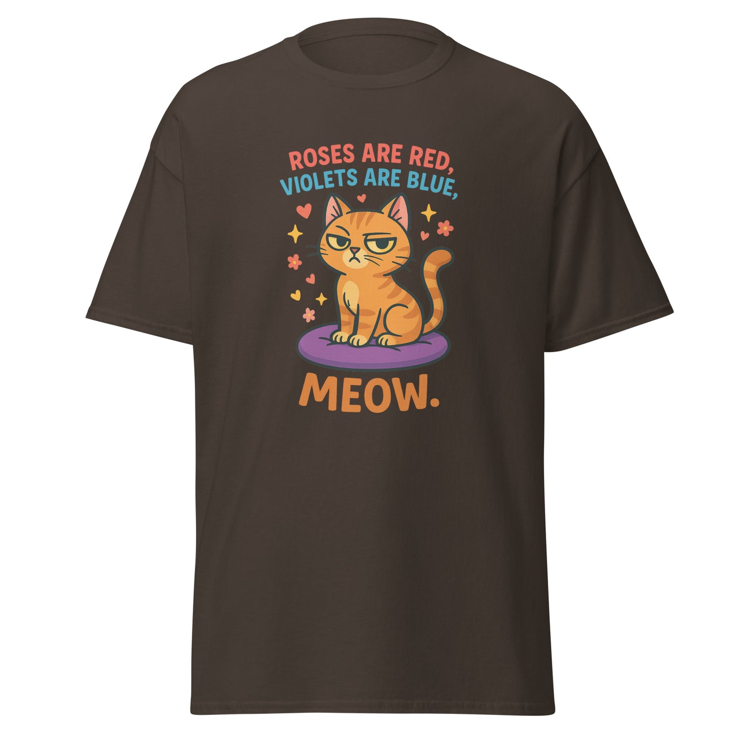 Brown t-shirt with a cat graphic and text on a white background