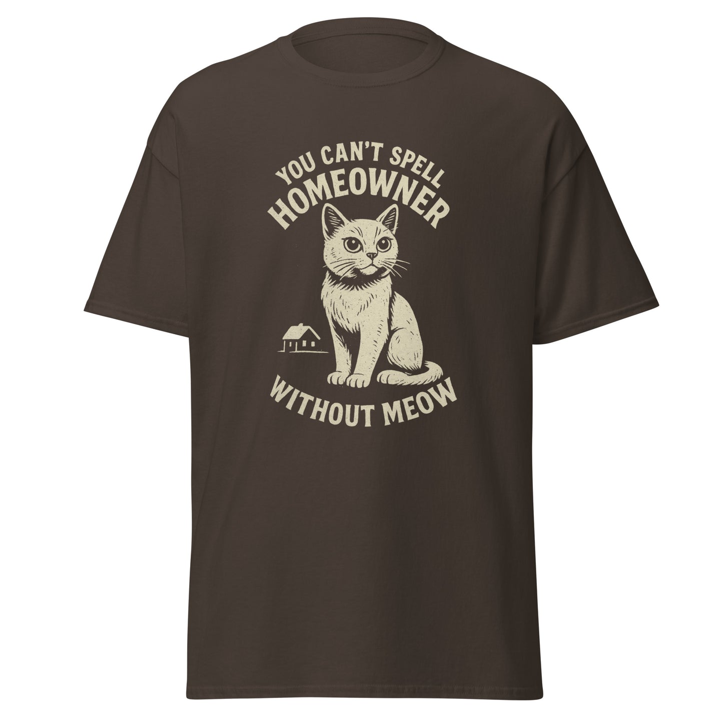 Brown t-shirt with a cat graphic and text on a white background