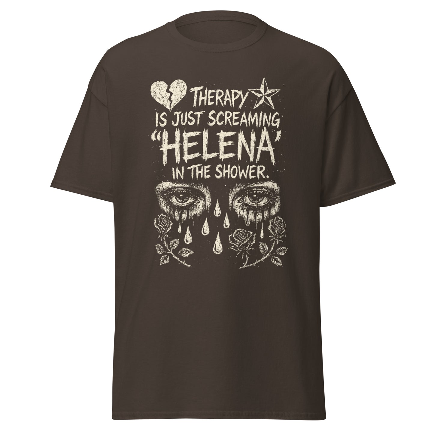 Brown t-shirt with graphic design and text on a white background