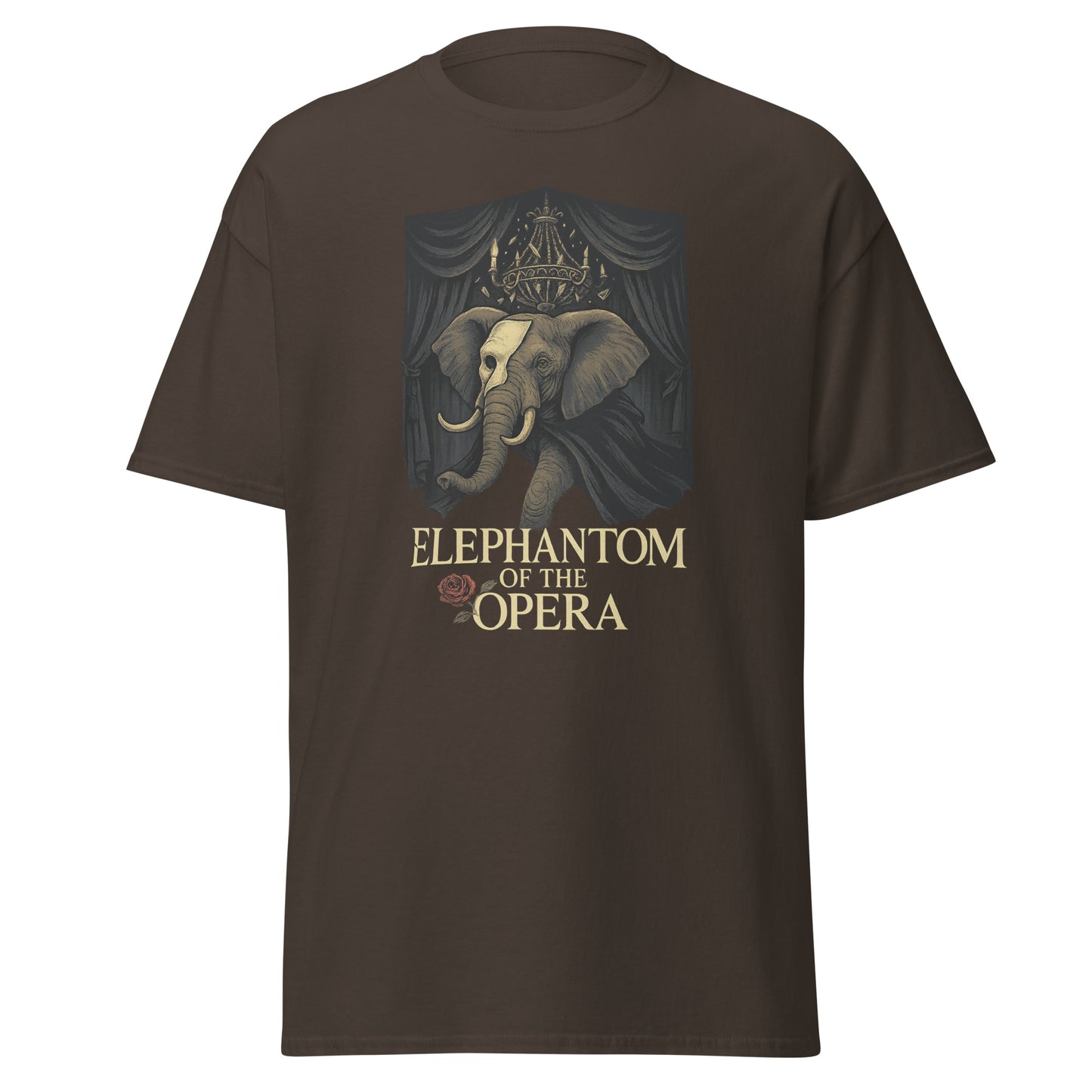 Brown t-shirt with 'elephantom of the opera' design featuring an elephant and theater curtain on a white background.
