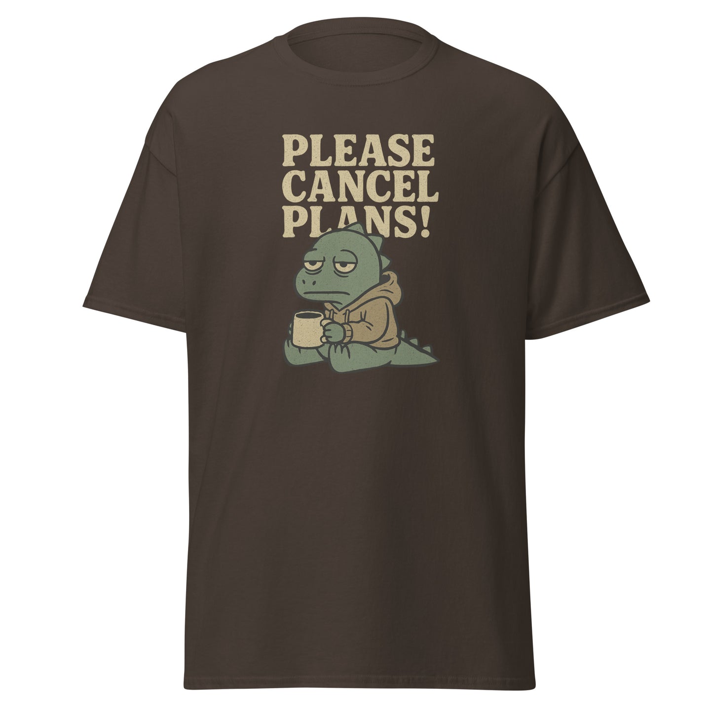 Brown t-shirt with a graphic of a frog holding a coffee cup and text 'Please Cancel Plans!' on a white background.