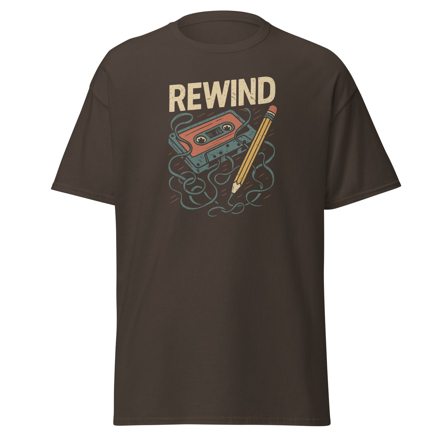 Brown t-shirt with 'REWIND' graphic design featuring a cassette tape and pencil on a white background