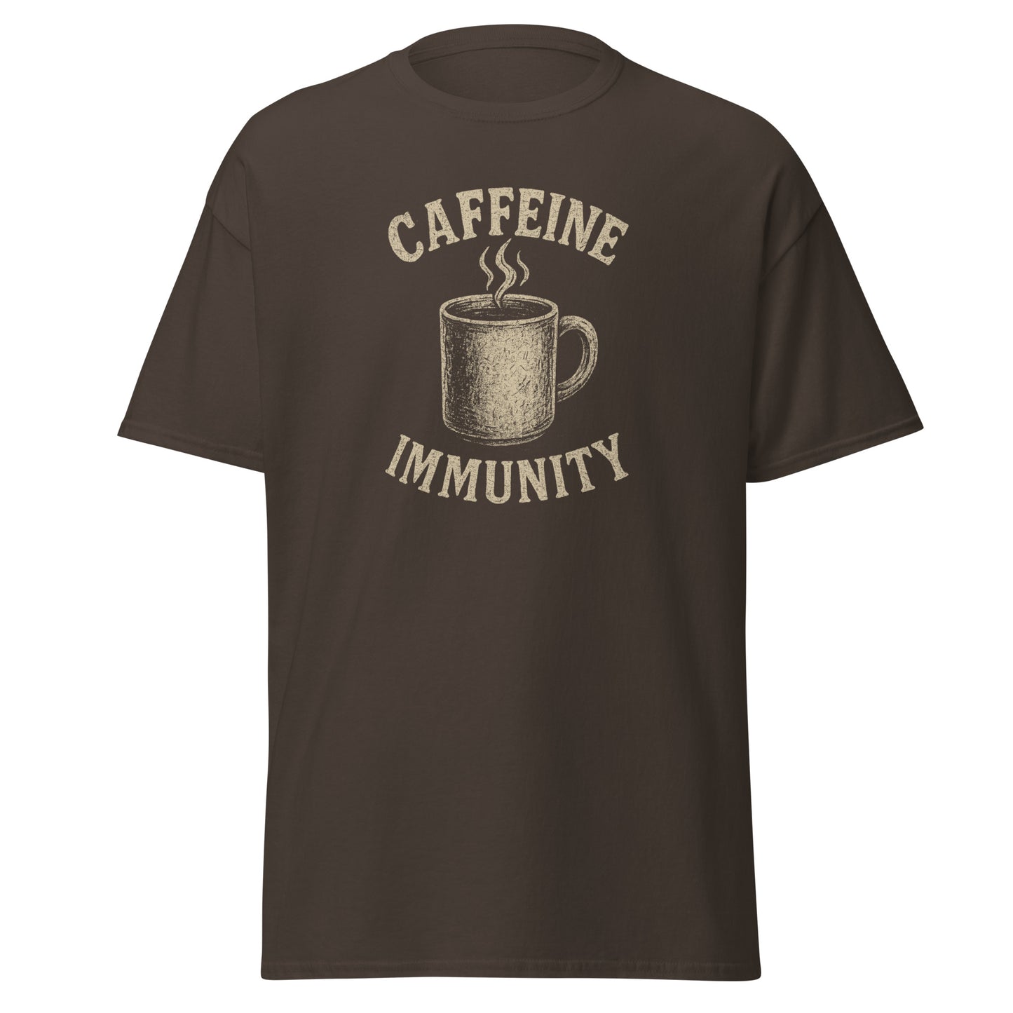 Brown t-shirt with a graphic of a coffee cup and text 'CAFFEINE IMMUNITY' on a white background