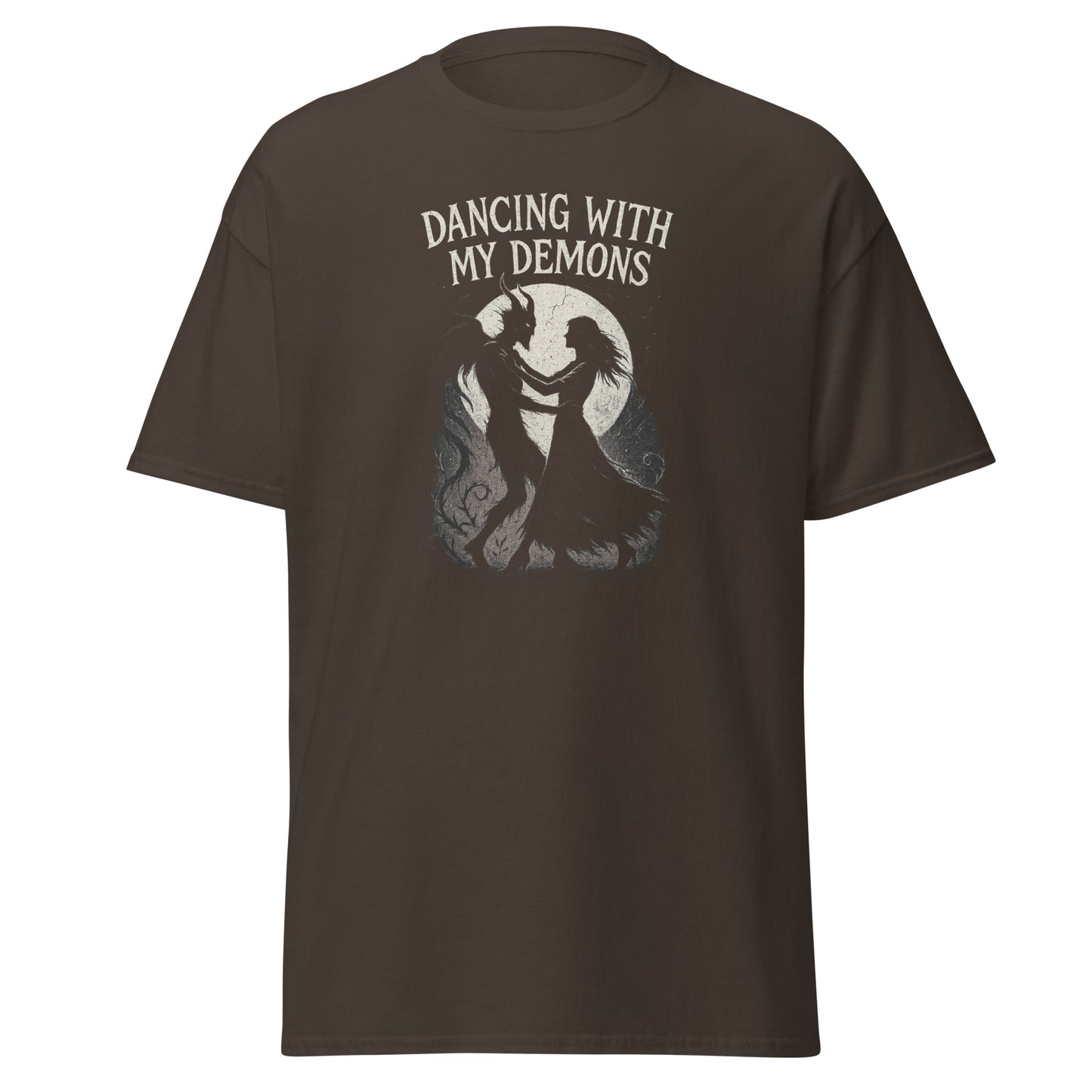 Brown t-shirt with 'Dancing with My Demons' graphic and text on a white background
