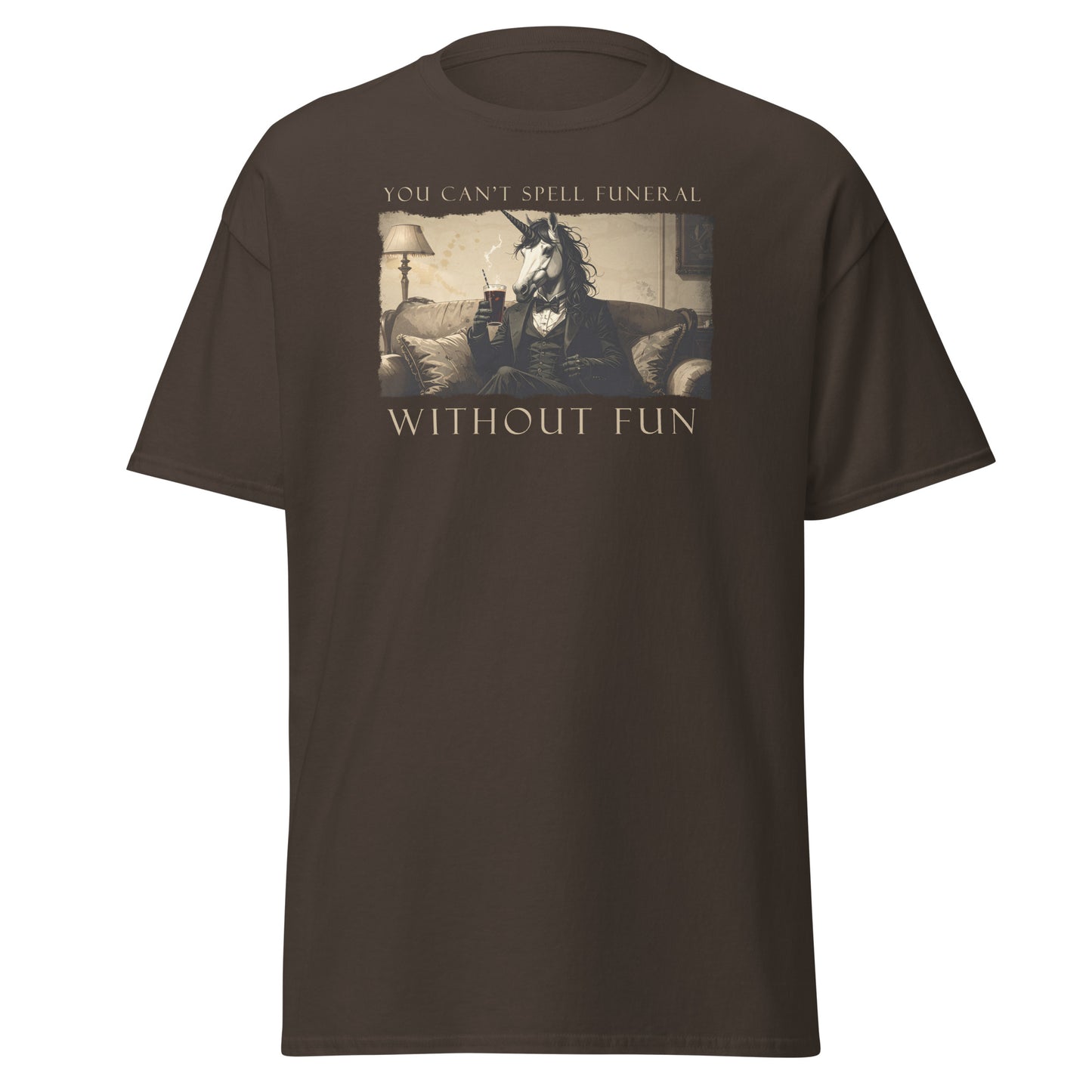Brown t-shirt with graphic design and text on a white background