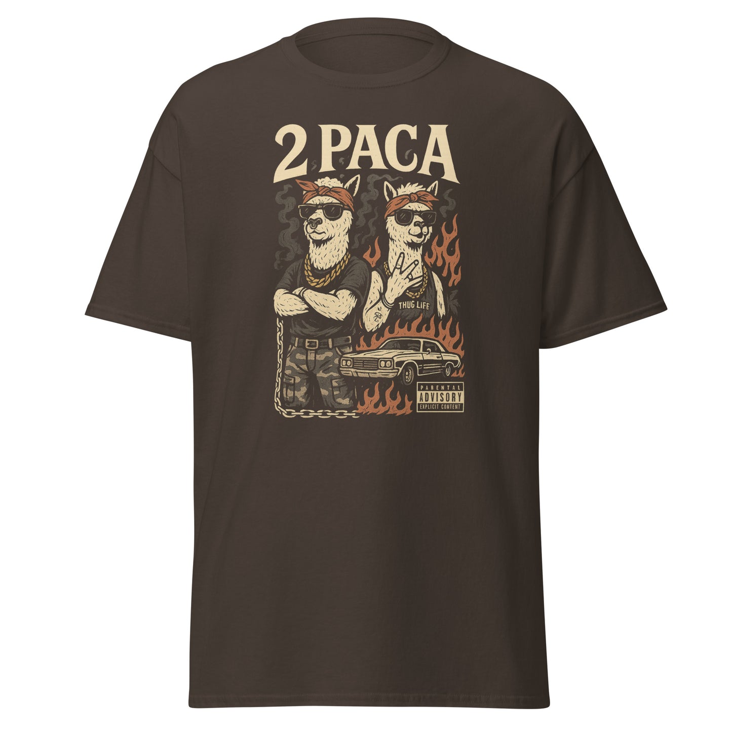 Brown t-shirt with graphic design featuring '2PACA' on a white background