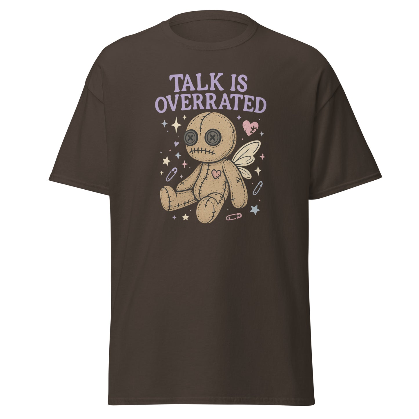Brown t-shirt with a graphic of a voodoo doll and 'Talk is Overrated' text on a white background