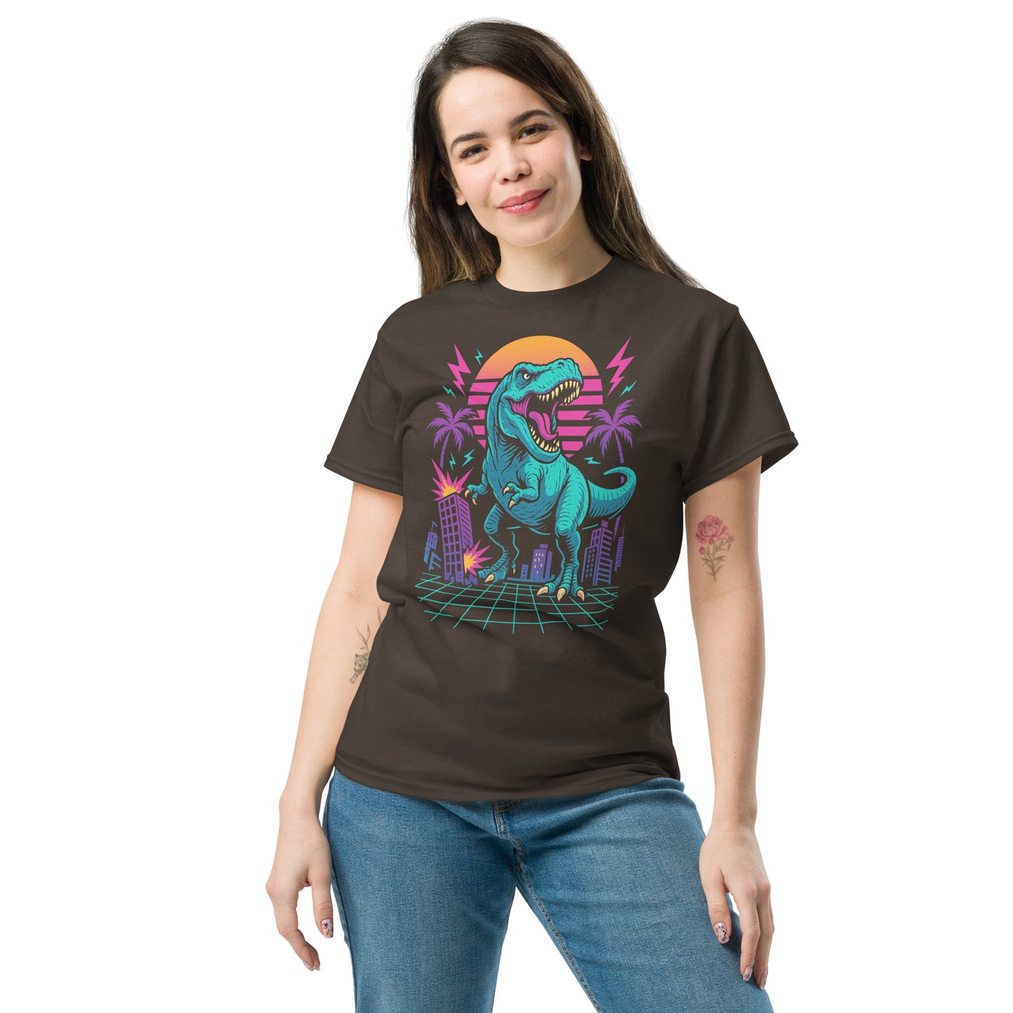 Woman wearing a brown t-shirt with a dinosaur graphic design on a white background
