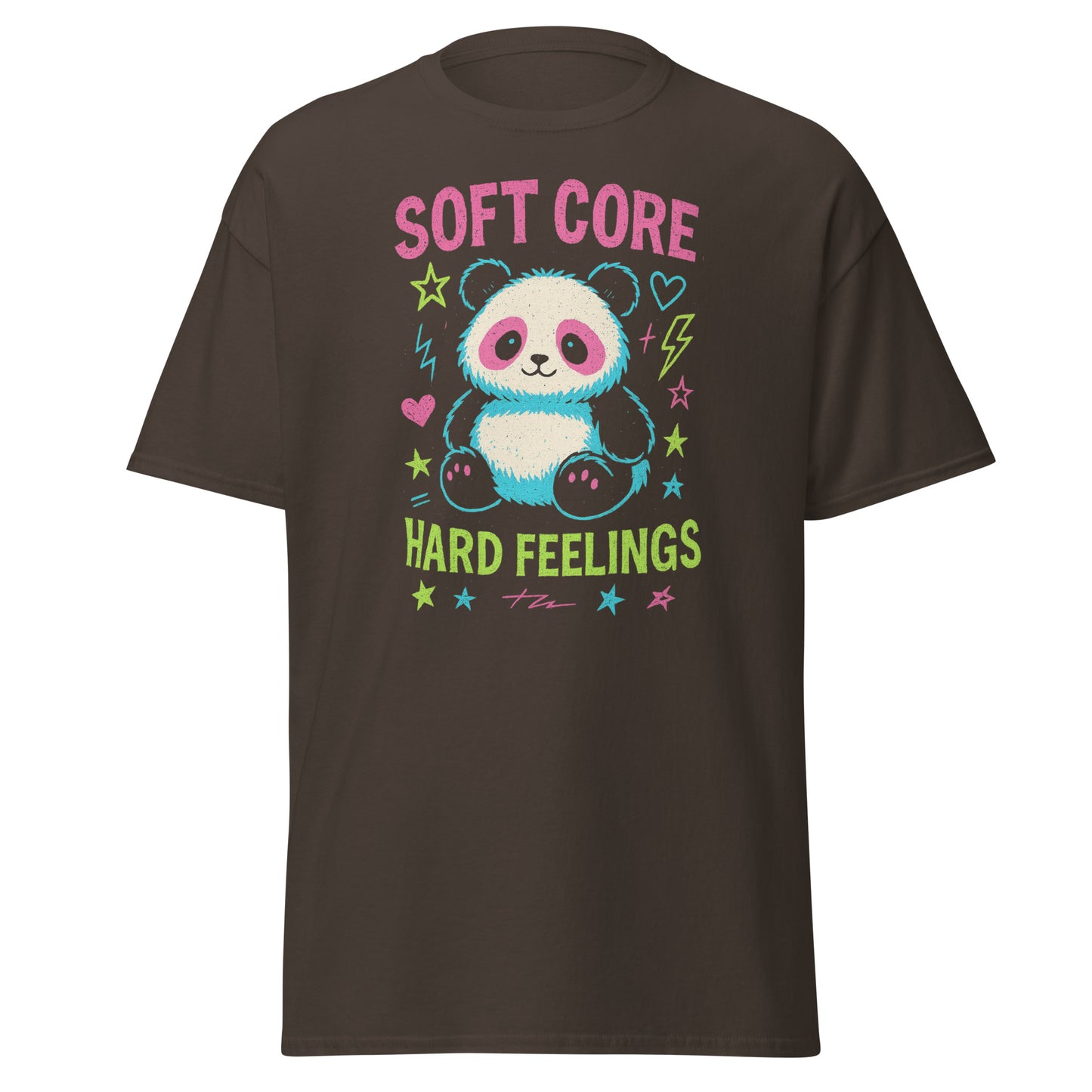 Brown t-shirt with a panda graphic and text 'Soft Core Hard Feelings' on a white background