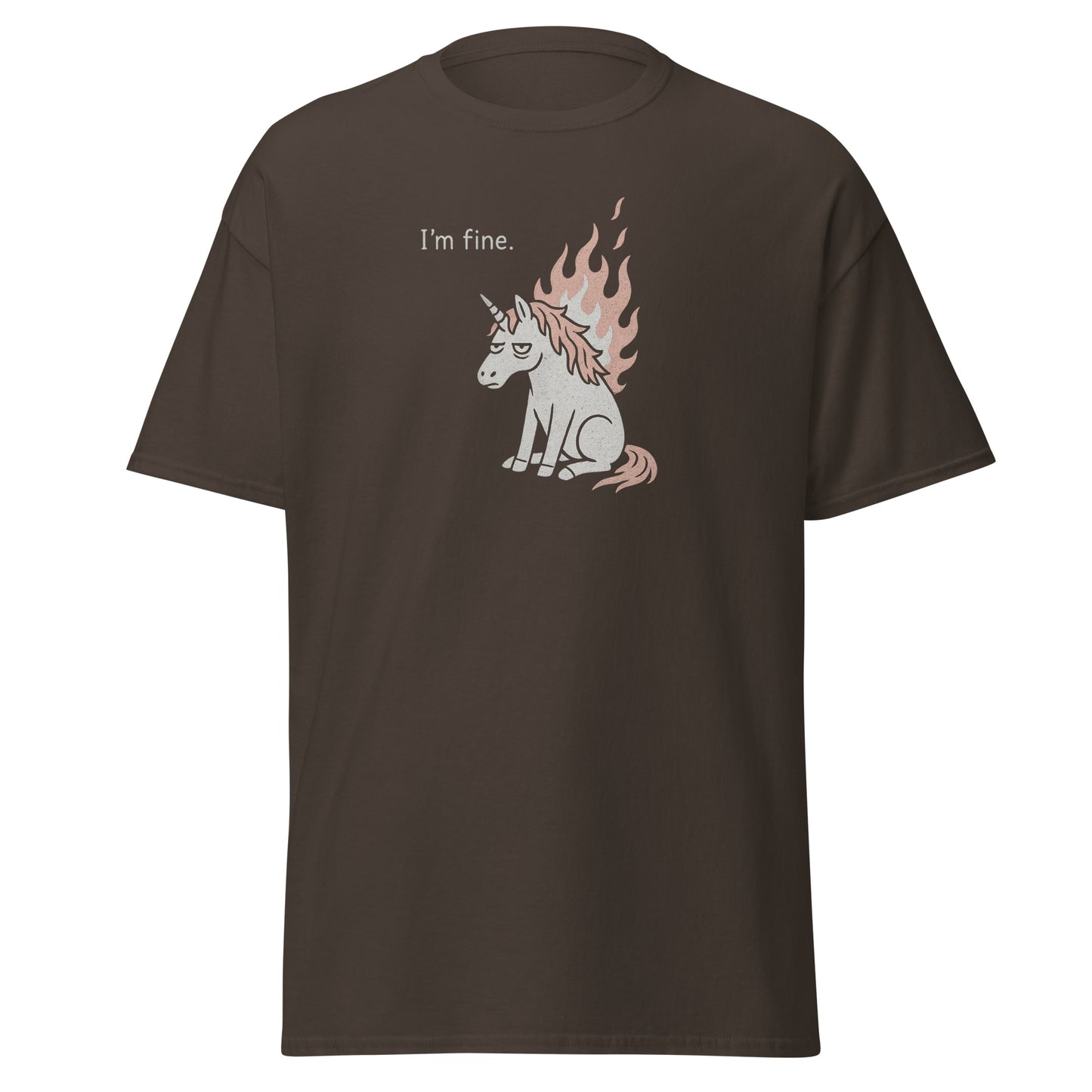 Brown t-shirt with a unicorn graphic and 'I'm fine.' text on a white background