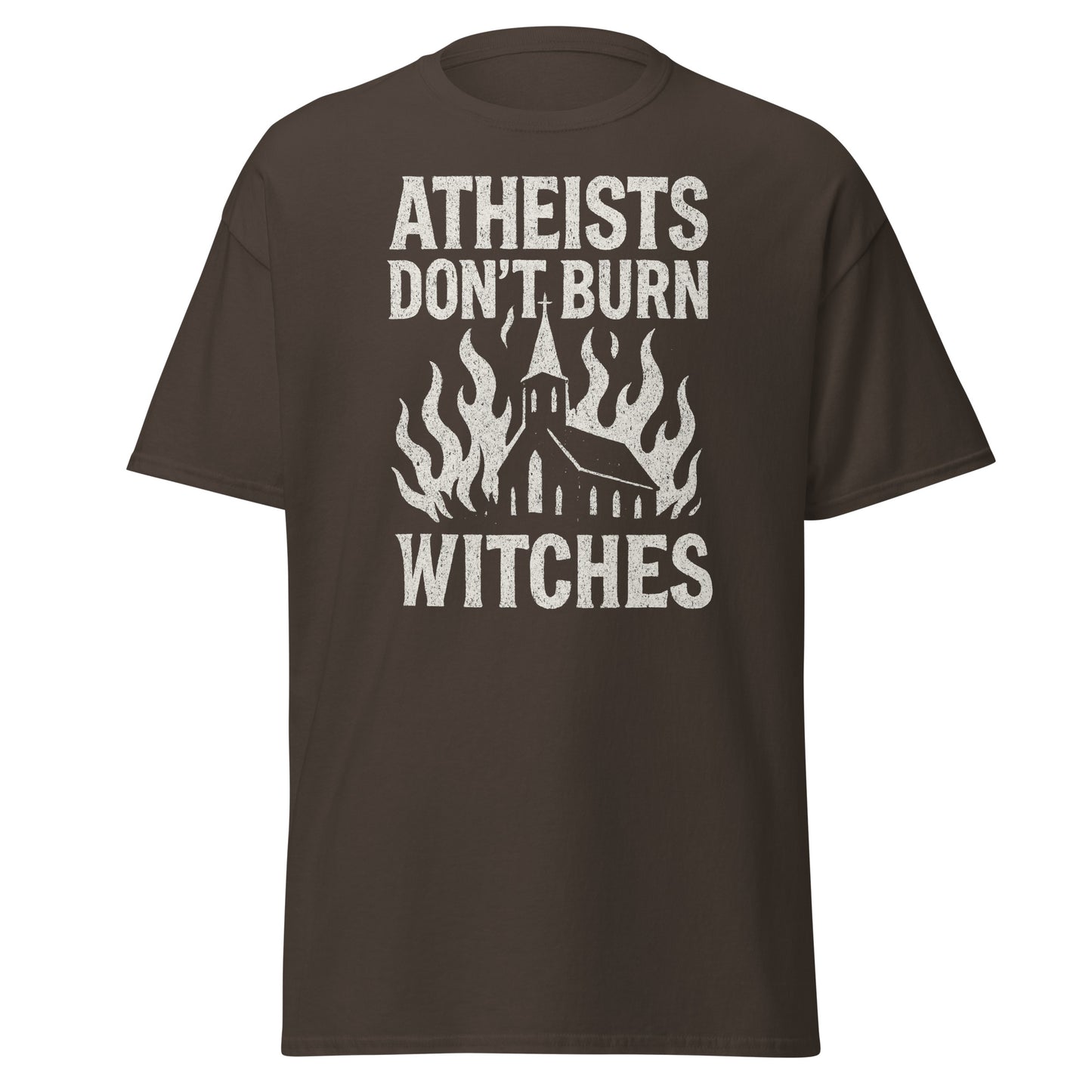 Brown t-shirt with white text and graphic design on a white background