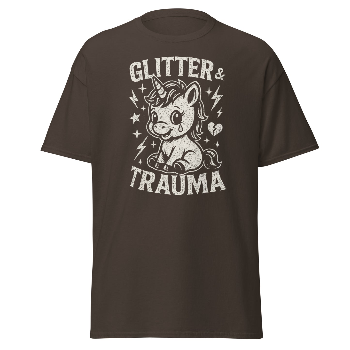 Brown t-shirt with unicorn graphic and 'Glitter & Trauma' text on a white background