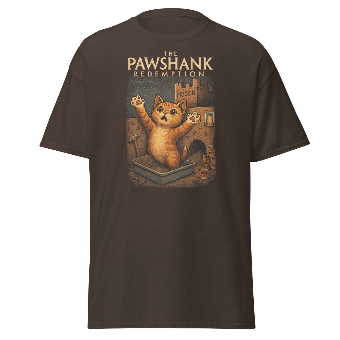 brown shirt with cat in front of a prison and text "the pawshank redemption" on white background