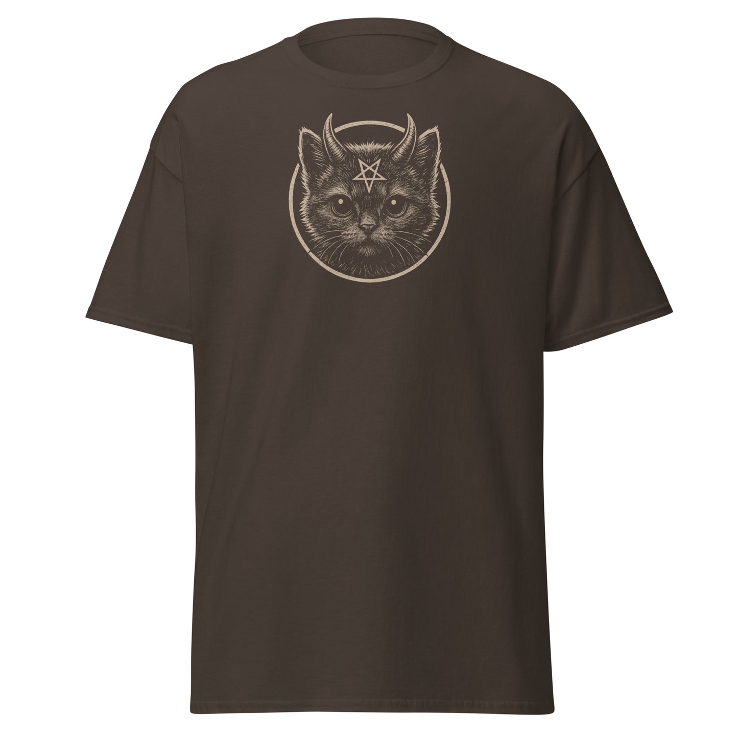 Brown t-shirt with a graphic of a cat with horns and a star on a white background