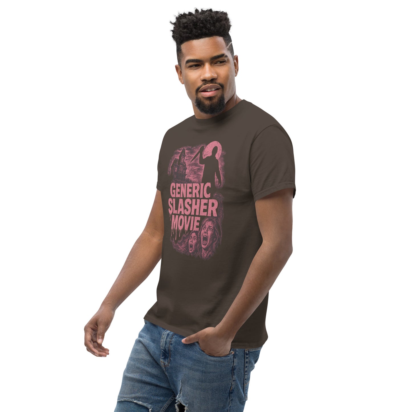 Man wearing a brown t-shirt with pink graphic design and text on a white background