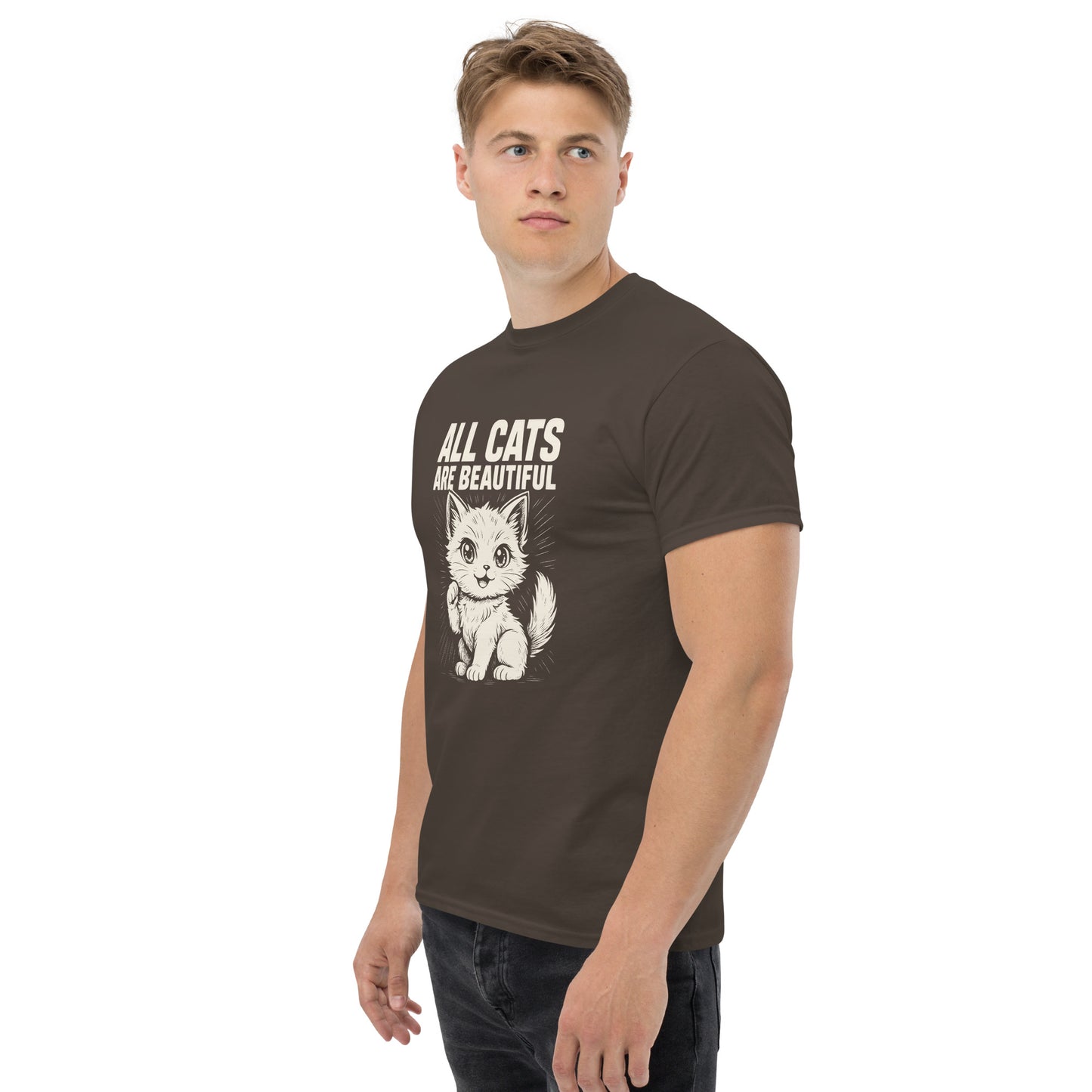 Man wearing a brown t-shirt with a graphic of a cat and text on a white background