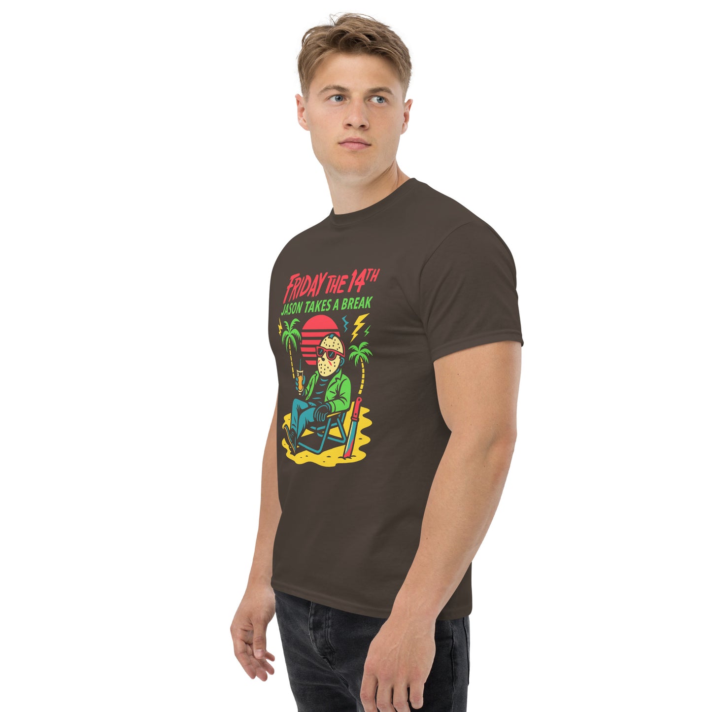 Man wearing a brown t-shirt with a graphic design on a white background