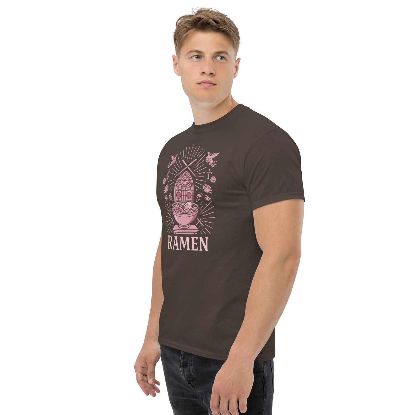 Man wearing a brown t-shirt with a pink ramen graphic design on a white background